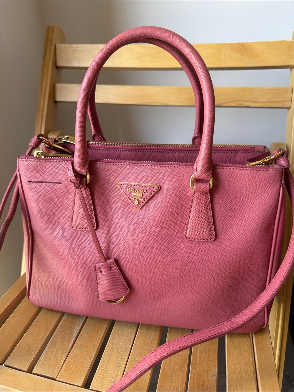 Prada Bubblegum Pink Saffiano Galleria Double Zip Medium Satchel with COA